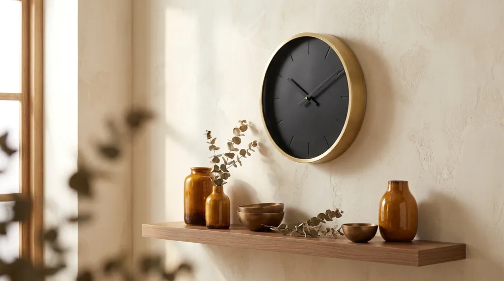 Stijlvolle wandklok aan de muur van een lichte moderne woonkamer