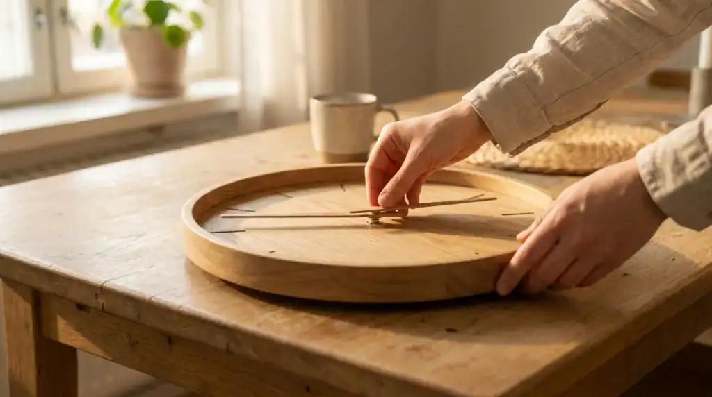 Handen die de wijzers van een houten wandklok verzetten op een tafel