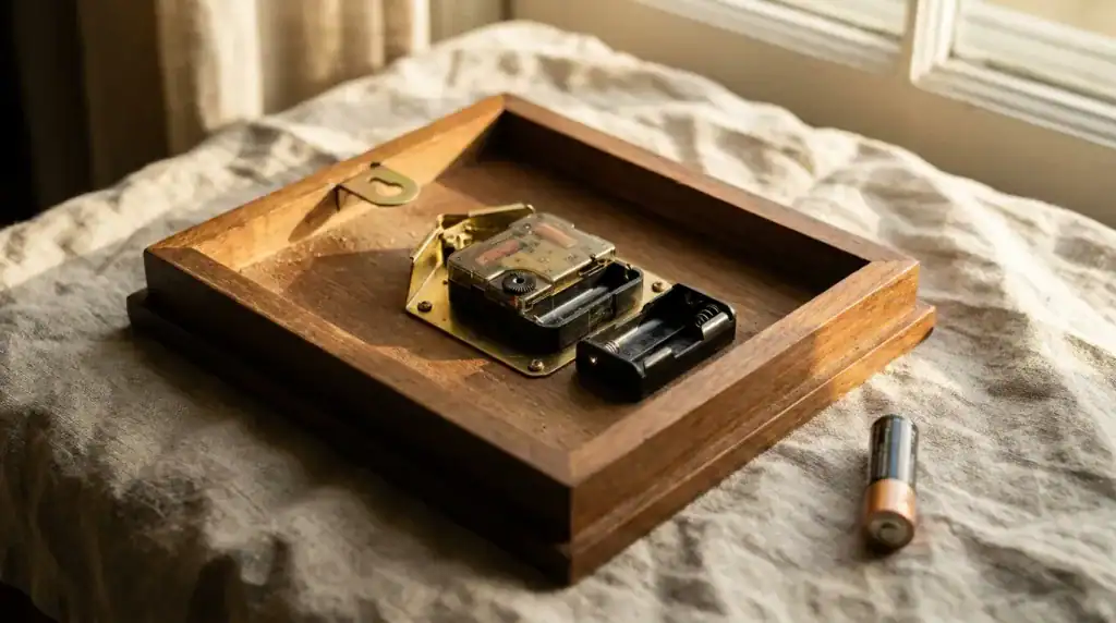 Achterzijde van een wandklok met het batterijvak en het uurwerk zichtbaar