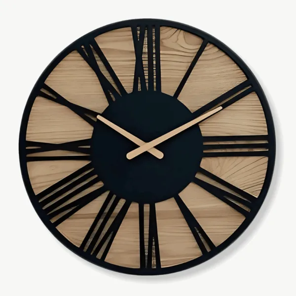 Zwart houten wandklok romeinse cijfers, metaal en hout