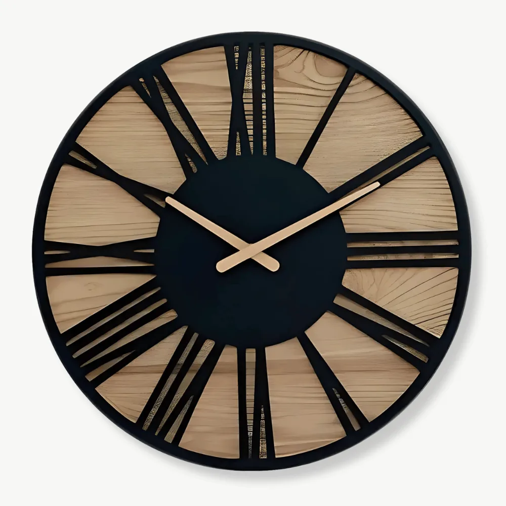 Zwart houten wandklok romeinse cijfers, metaal en hout