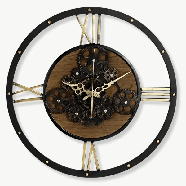 Vintage wandklok, zilver en hout met tandwielen