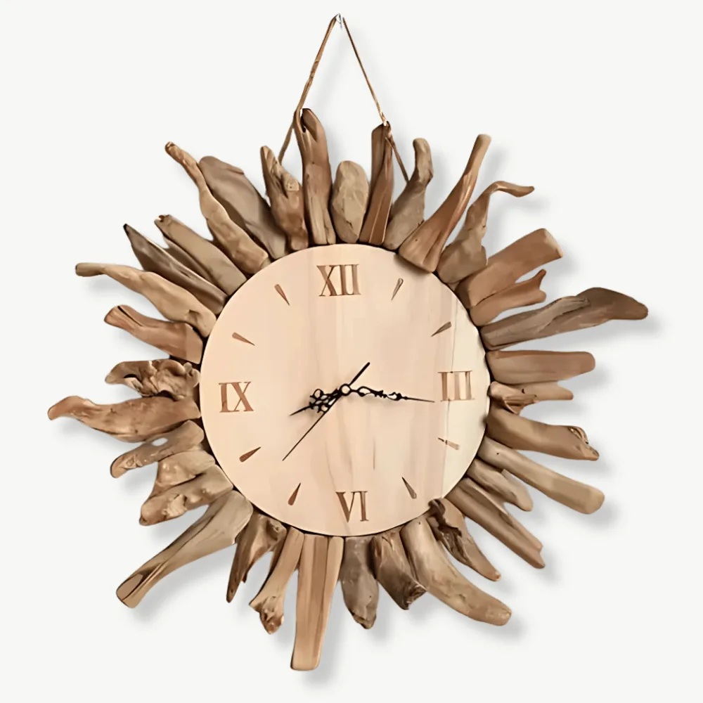 Wandklok van hout, design met drijvend hout