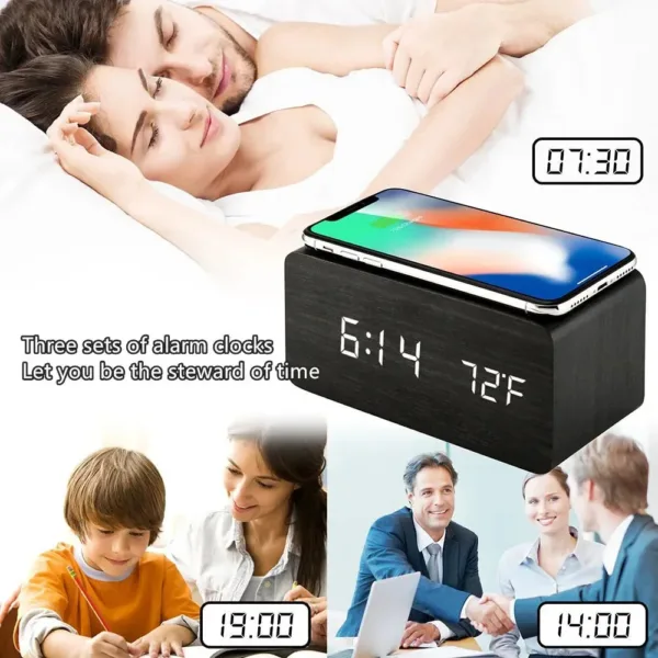 Horloge LED en Bois | Réveil Numérique avec Chargeur Sans Fil Qi | Affichage de Température et Humidité pour un Confort Optimal