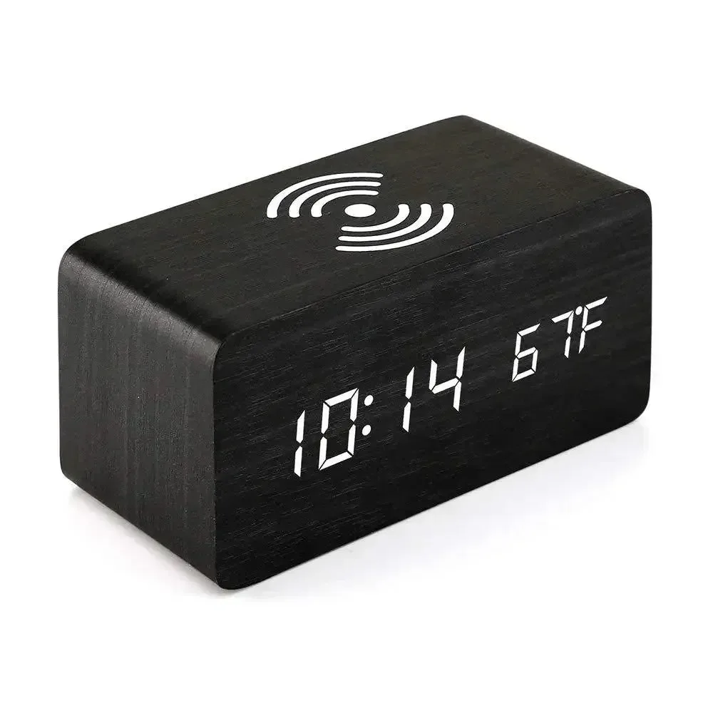 Horloge LED en Bois | Réveil Numérique avec Chargeur Sans Fil Qi | Affichage de Température et Humidité pour un Confort Optimal