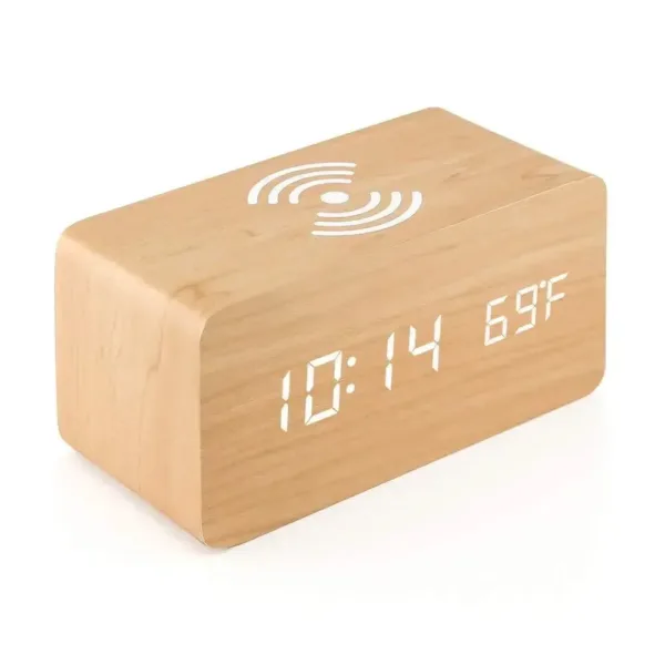 Horloge LED en Bois | Réveil Numérique avec Chargeur Sans Fil Qi | Affichage de Température et Humidité pour un Confort Optimal