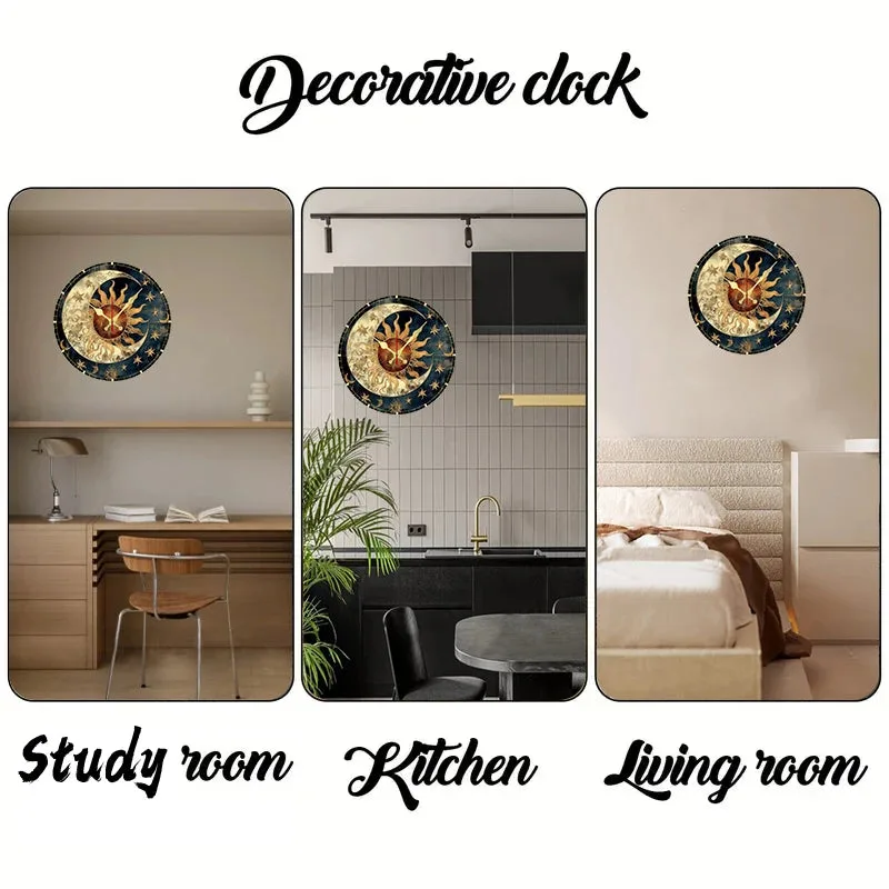 Horloge Murale Design en Bois avec Motif Soleil et Lune | Élégante Décoration Silencieuse pour Salon et Bureau