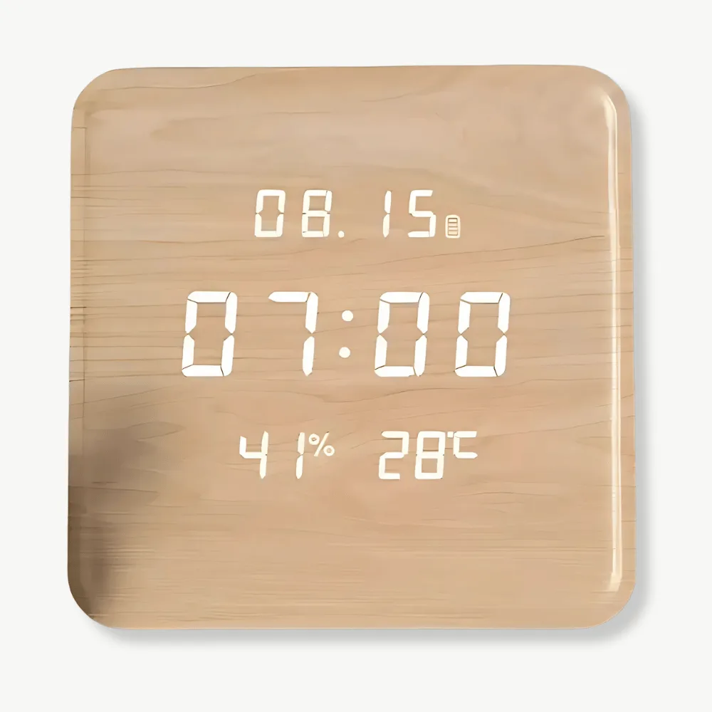 Digitale houten klok, rond of vierkant