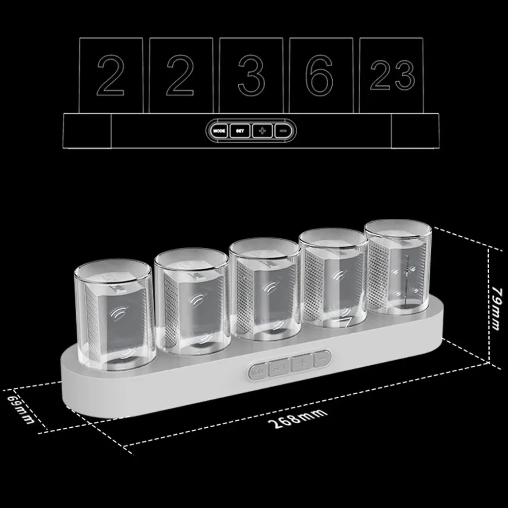 Nixie tube clock, in hout, zwart of wit