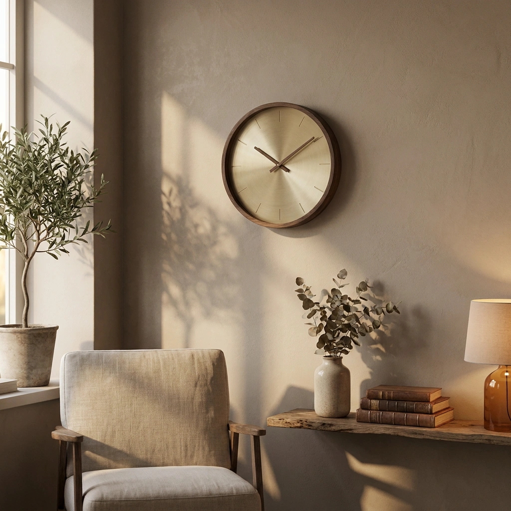 Design wandklok in een gezellige huiskamer tijdens een rustig moment thuis
