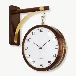 Dubbelzijdige wandklok aan muurarm, hout, wit-zwart of wit-goud
