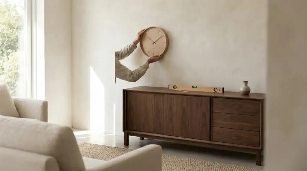 Wandklok die op een lichte muur wordt opgehangen boven een houten dressoir