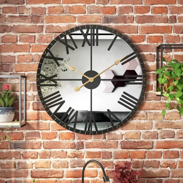 Horloge Murale Miroir Noir et Or