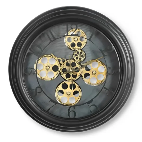 Wandklok met zichtbare tandwielen, industrieel uiterlijk