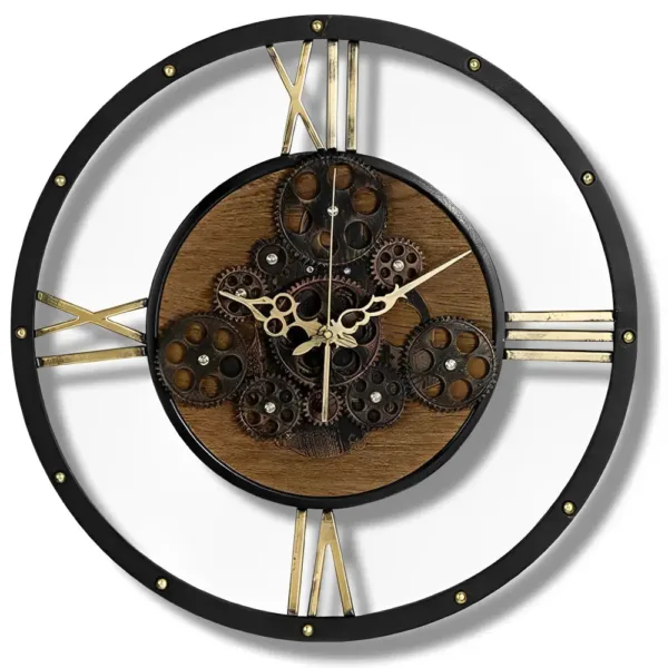 Vintage wandklok, zilver en hout met tandwielen