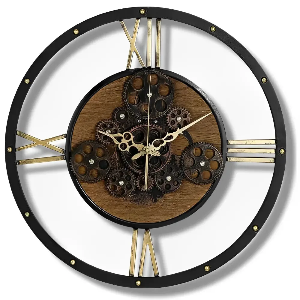 Vintage wandklok, zilver en hout met tandwielen