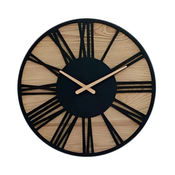 Zwart houten wandklok romeinse cijfers, metaal en hout