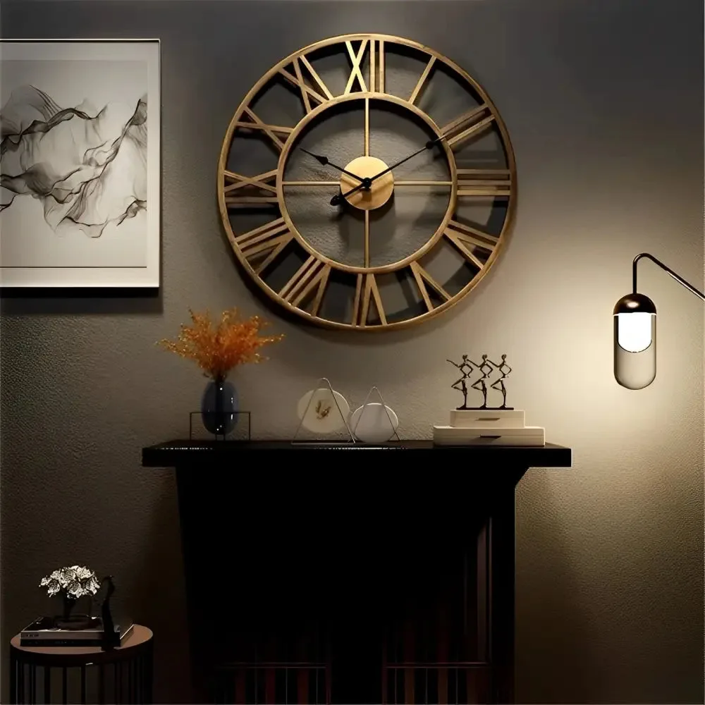 Grote wandklok romeinse cijfers, retro goud en zwart
