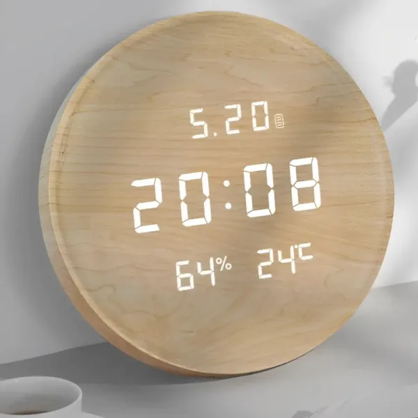 Digitale houten klok, rond of vierkant
