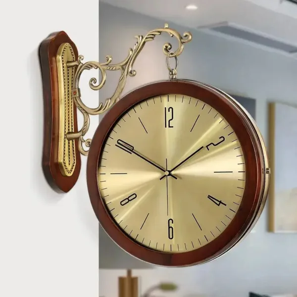 Dubbelzijdige wandklok vintage, houten, dubbele wijzerplaat