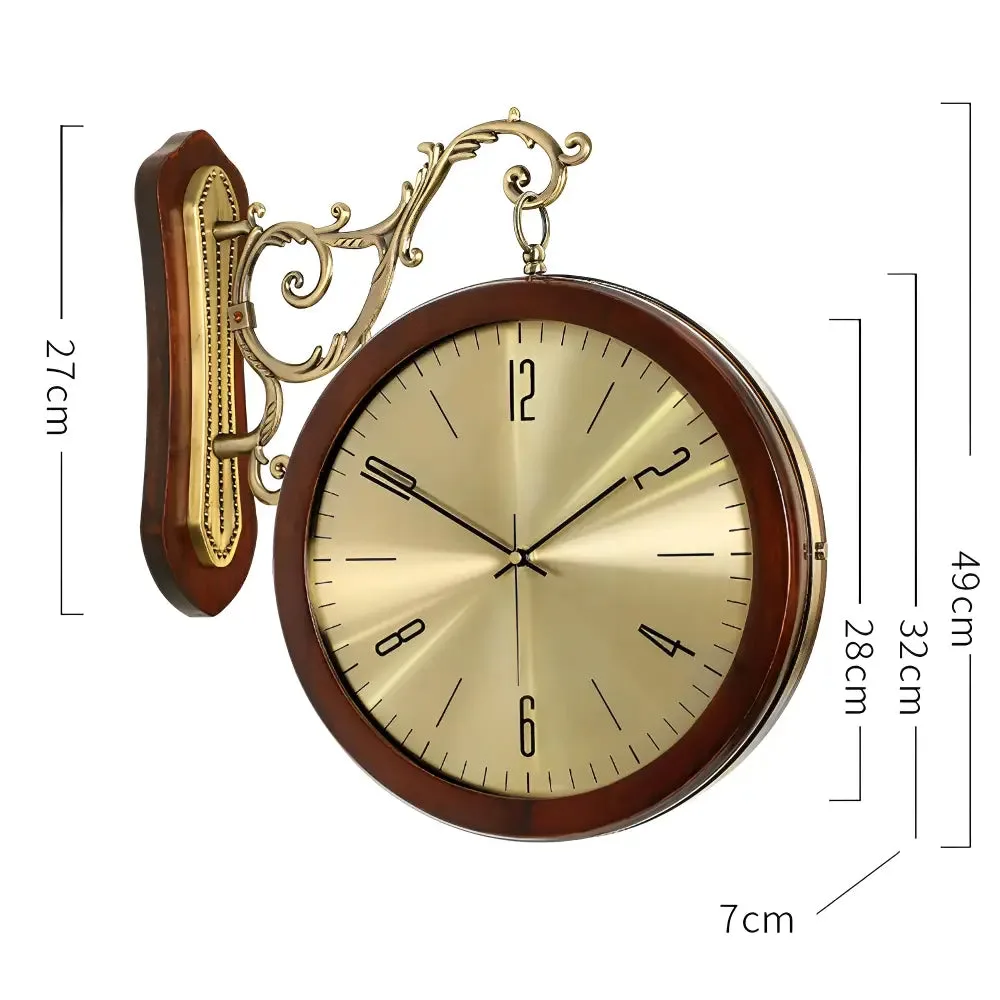 Dubbelzijdige wandklok vintage, houten, dubbele wijzerplaat