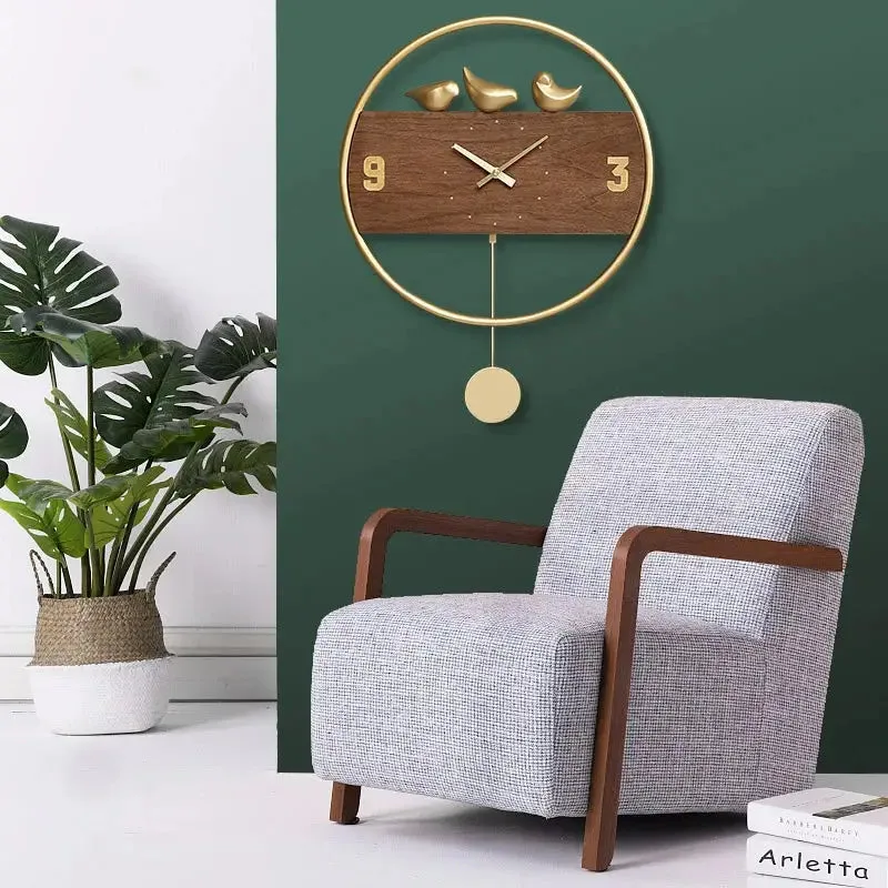 Pendule Murale Design Oiseaux Dorés