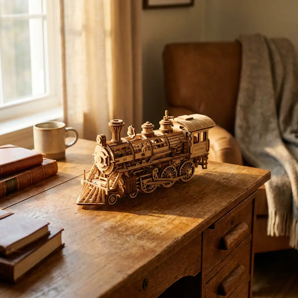 Wandklokken en design klokken houten 3D-puzzel klaar voor assemblage in een warme huiskameromgeving
