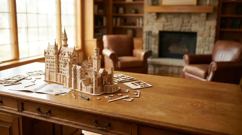 Wandklokken en design klokken houten 3D-puzzel uitgestald op een houten bureau in een gezellige woonkamer