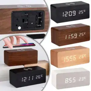 Houten digitale wekker klok, met draadloze oplader