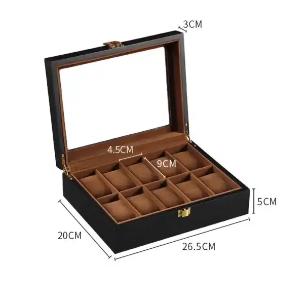 Houten horlogebox, zwart met 12 vakken, foto 15