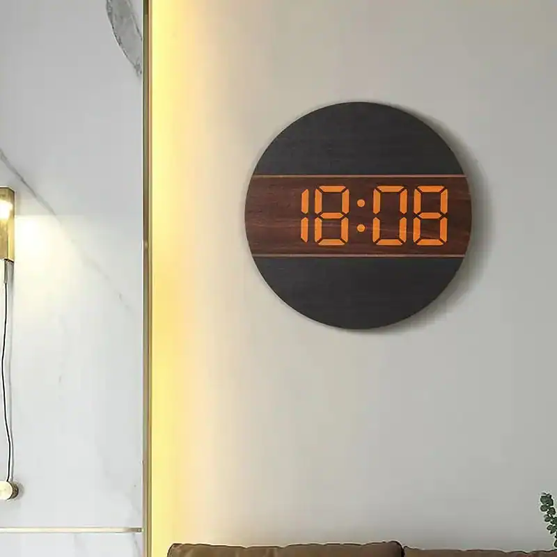 Houten led wandklok met oranje cijfers, zwart of houtkleur, foto 4