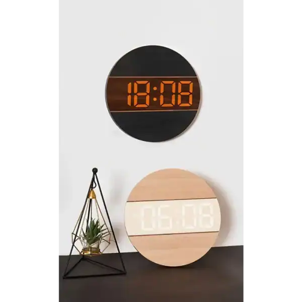 Houten led wandklok met oranje cijfers, zwart of houtkleur, foto 5