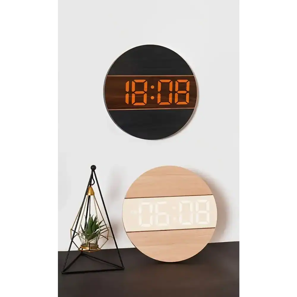 Houten led wandklok met oranje cijfers, zwart of houtkleur, foto 5