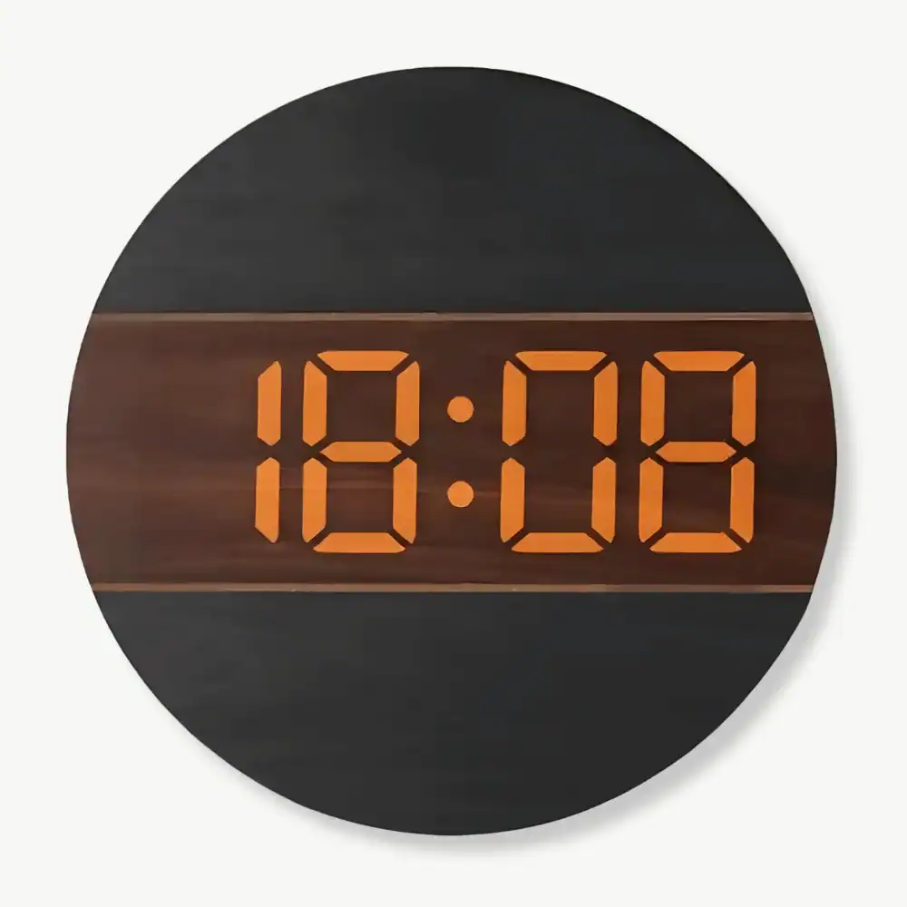 Houten led wandklok met oranje cijfers, zwart of houtkleur