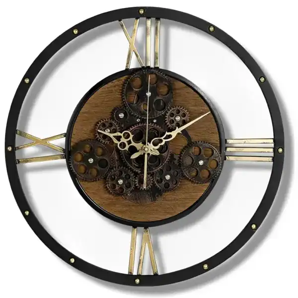 Vintage wandklok, zwart en hout met tandwielen, foto 7