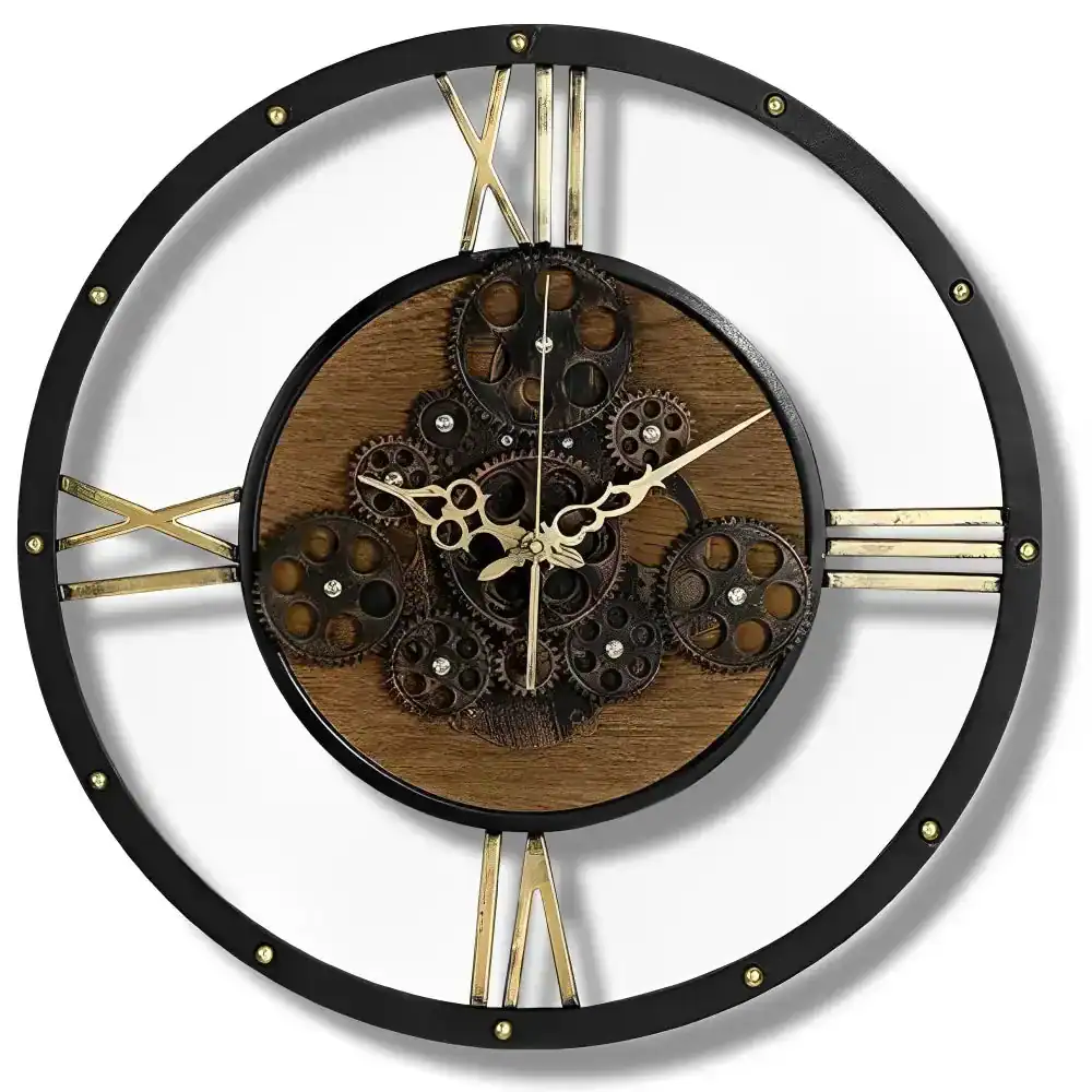 Vintage wandklok, zwart en hout met tandwielen, foto 7