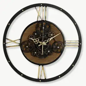 Vintage wandklok, zwart en hout met tandwielen