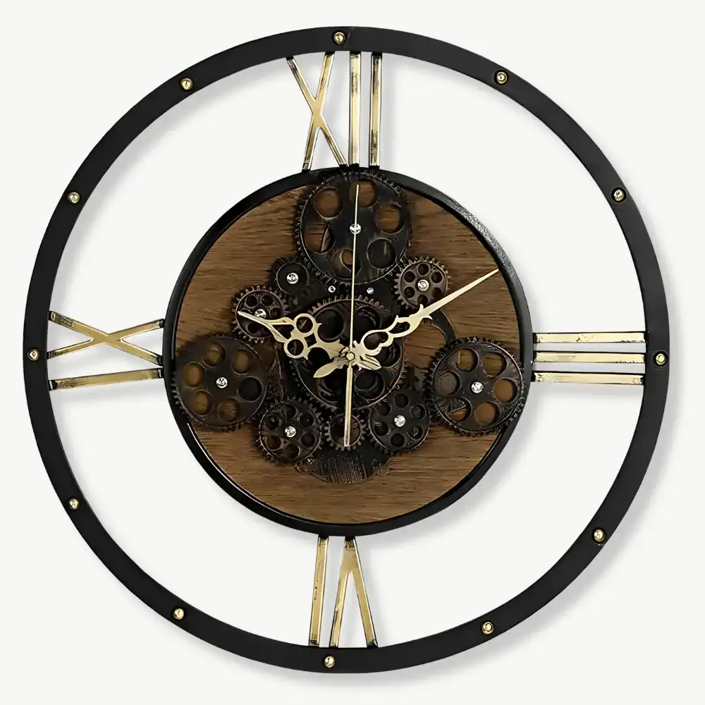 Vintage wandklok, zwart en hout met tandwielen