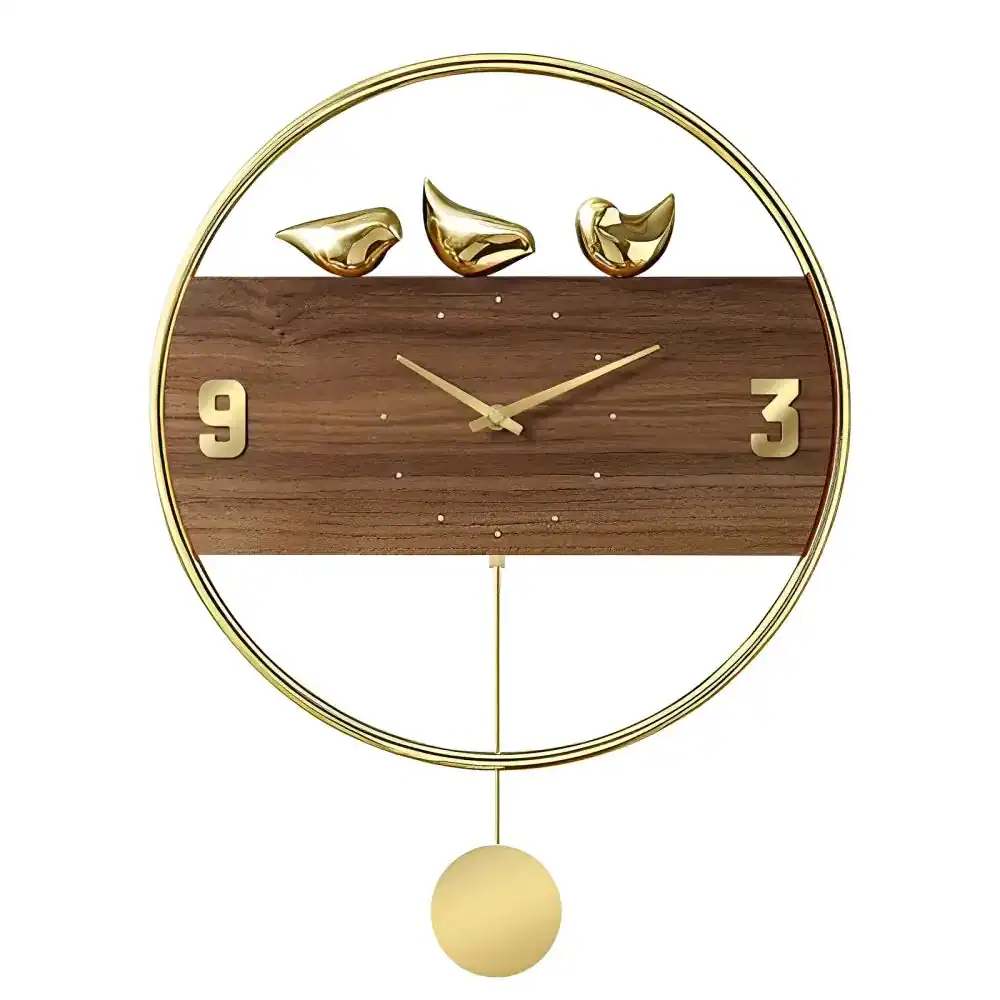 Wandklok met gouden vogels en slinger, notenhout, foto 9