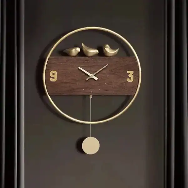 Wandklok met gouden vogels en slinger, notenhout, foto 3