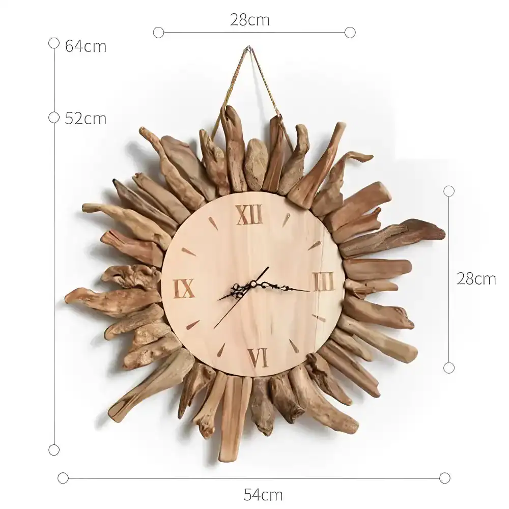 Wandklok van hout, design met drijvend hout, foto 4
