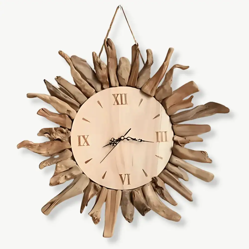 Wandklok van hout, design met drijvend hout