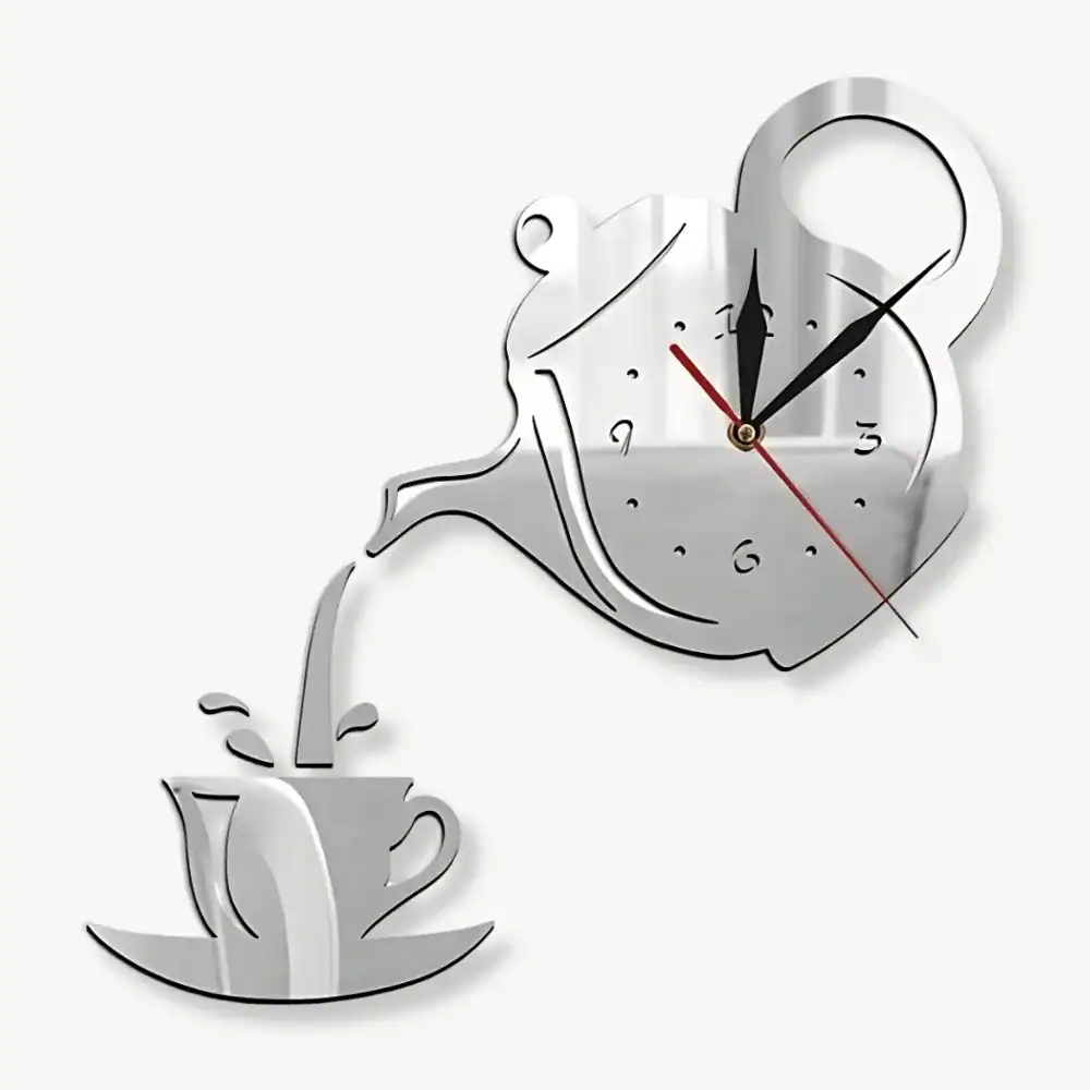 Wandstickerklok theepot en kopje, zwart, zilver of goud