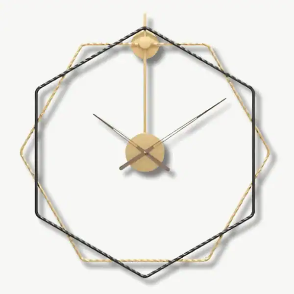 Zeshoekige moderne wandklok, goud of goud met zwart