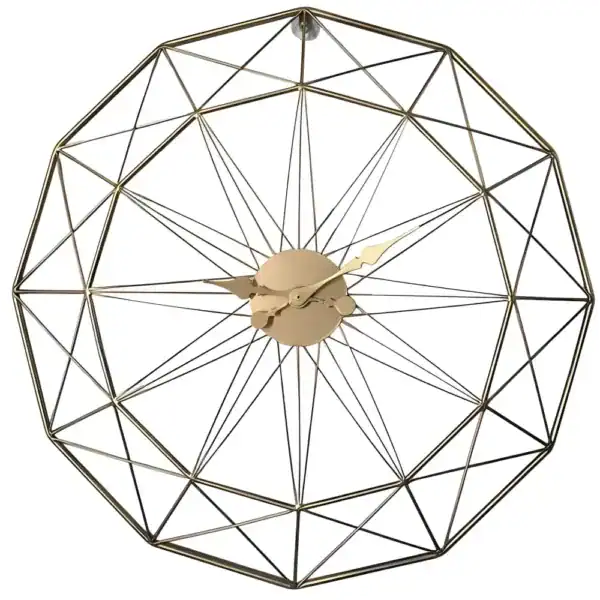 Zwarte metalen wandklok, opengewerkt met gouden wijzers, foto 9